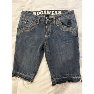 VTG y2k Rocawear Denim Shorts Jorts Embellish Stitching Embroidery Logo Womens 7